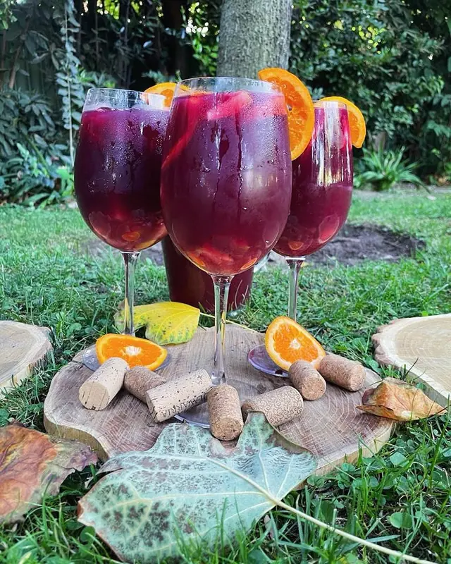 Copas de La Colora con naranja sobre un tronco en el jardín